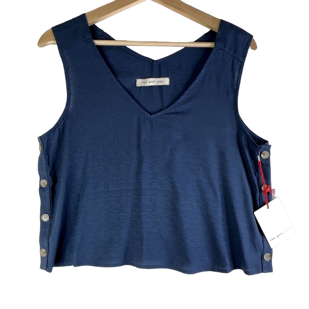 The Good Jane Womens Tank Top Medium Blue Textured Sleeveless Coastal Minimalist
